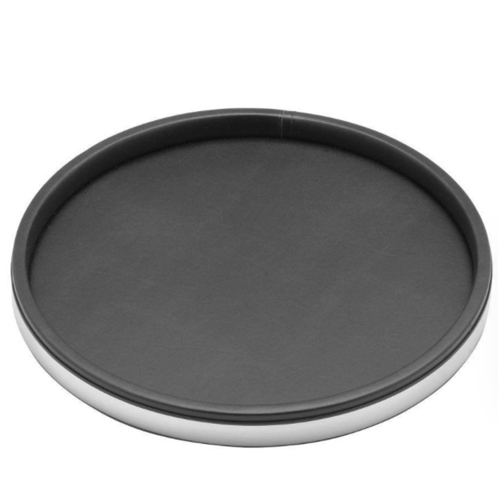 GORGEOUS Kraftware Black Leather Strapped Brushed Silver Chrome Rim Round Tray.